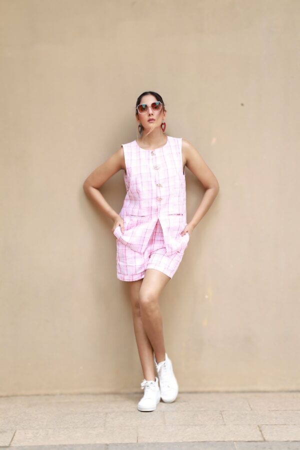 pink checked vest short coord set